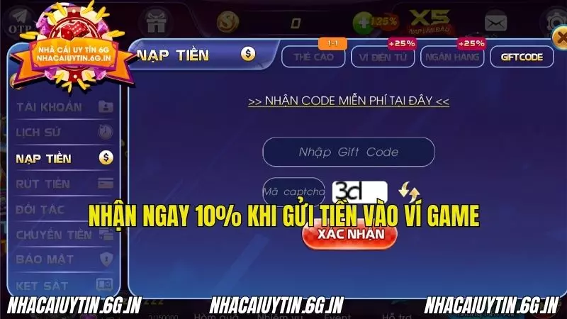 Nhận thưởng ngay 10% khi gửi tiền mỗi ngày vào ví game